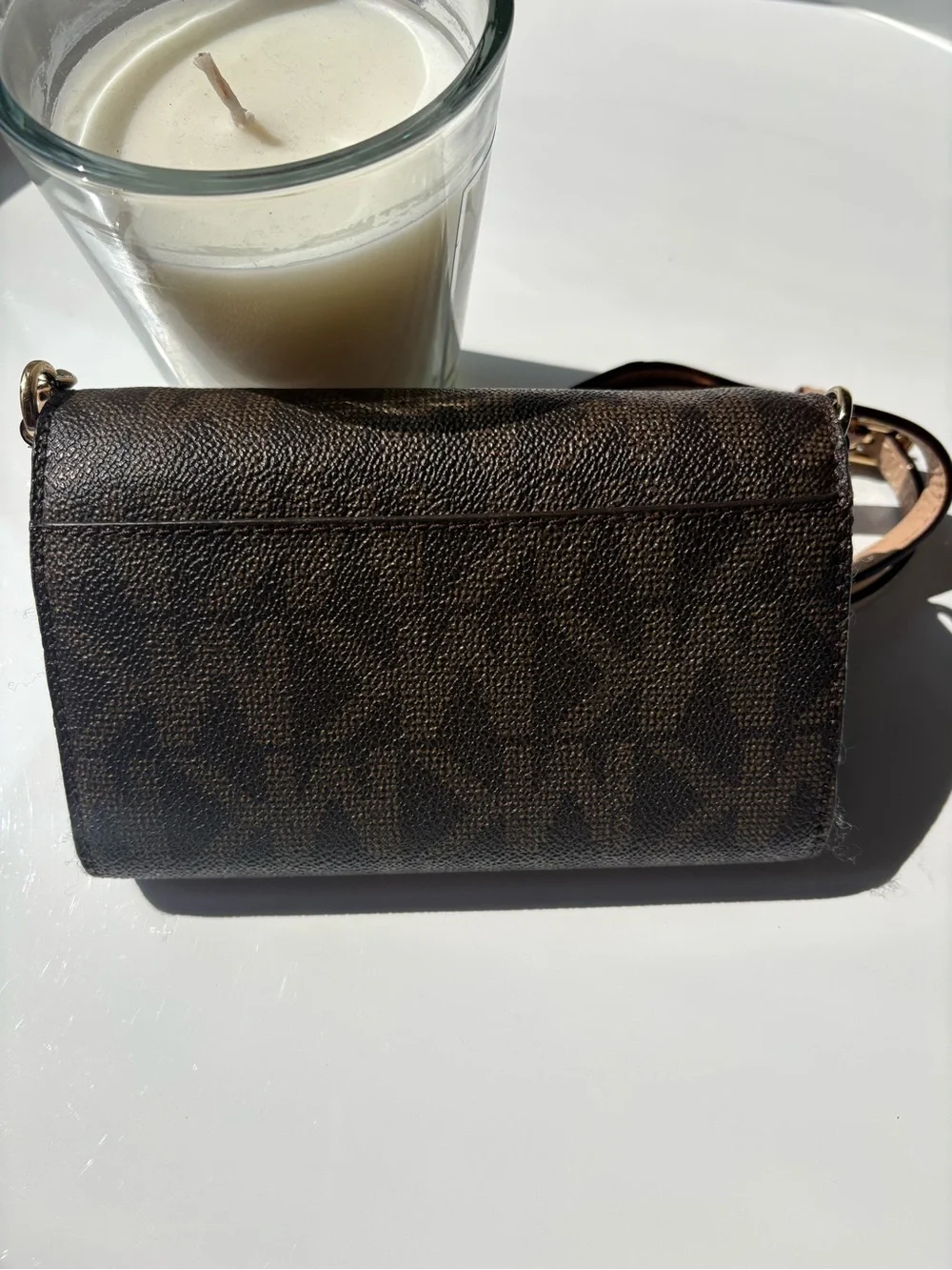 Michael Kors Signature MK Wallet on Chain Envelope Crossbody/Clutch Brown Gold